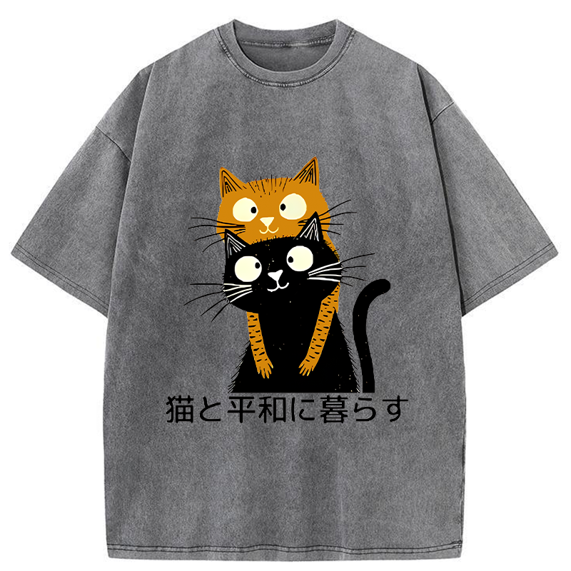 Tokyo-Tiger Live Peacefully With Cats Washed T-Shirt