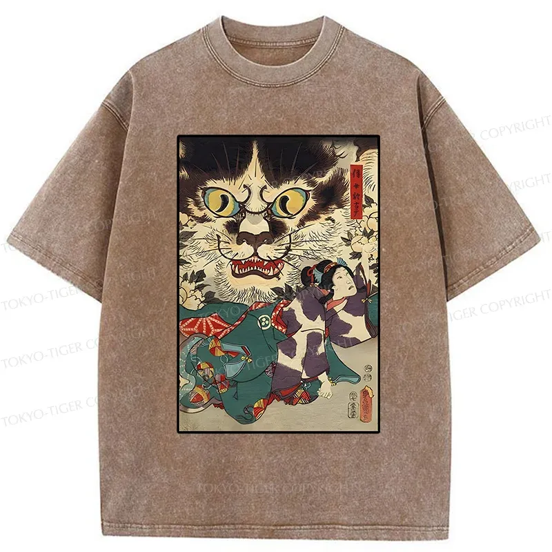 Tokyo-Tiger Japanese Cat Yokai Washed T-Shirt