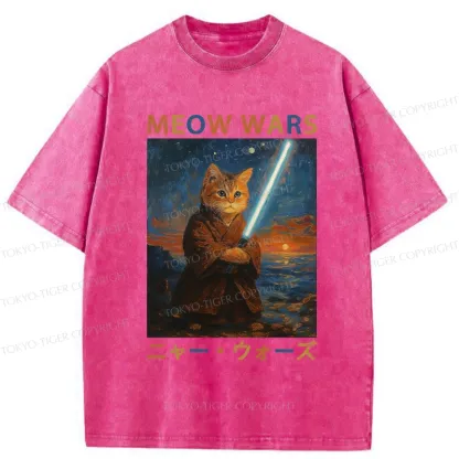 Tokyo-Tiger Funny Meow Wars Washed T-Shirt
