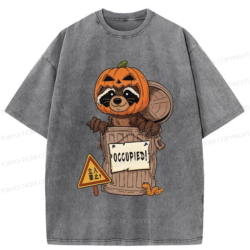 Tokyo-Tiger Funny Raccoon’s Halloween Retreat Washed T-Shirt