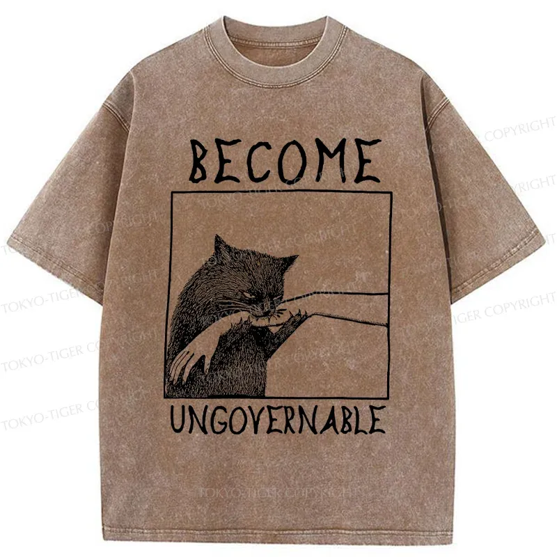 Tokyo-Tiger Cat Biting Arm Washed T-Shirt