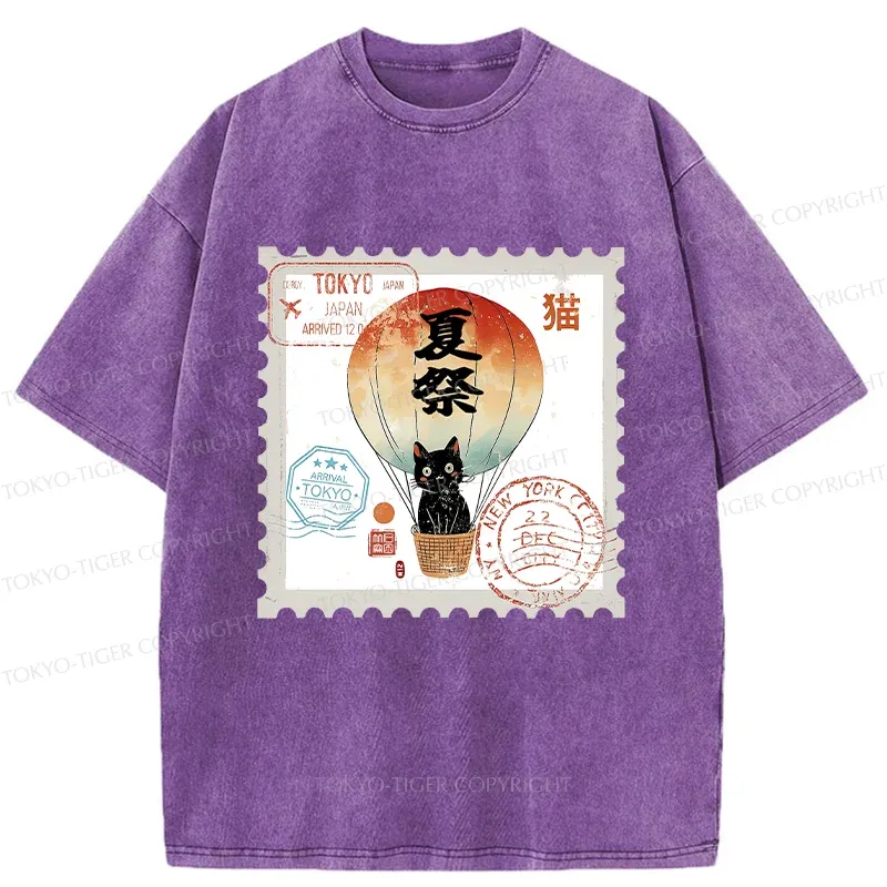 Tokyo-Tiger Japanese Cat Stamp Washed T-Shirt