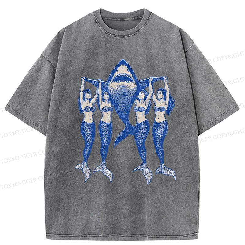 Tokyo-Tiger Mermaids Hoisting The Shark Washed T-Shirt