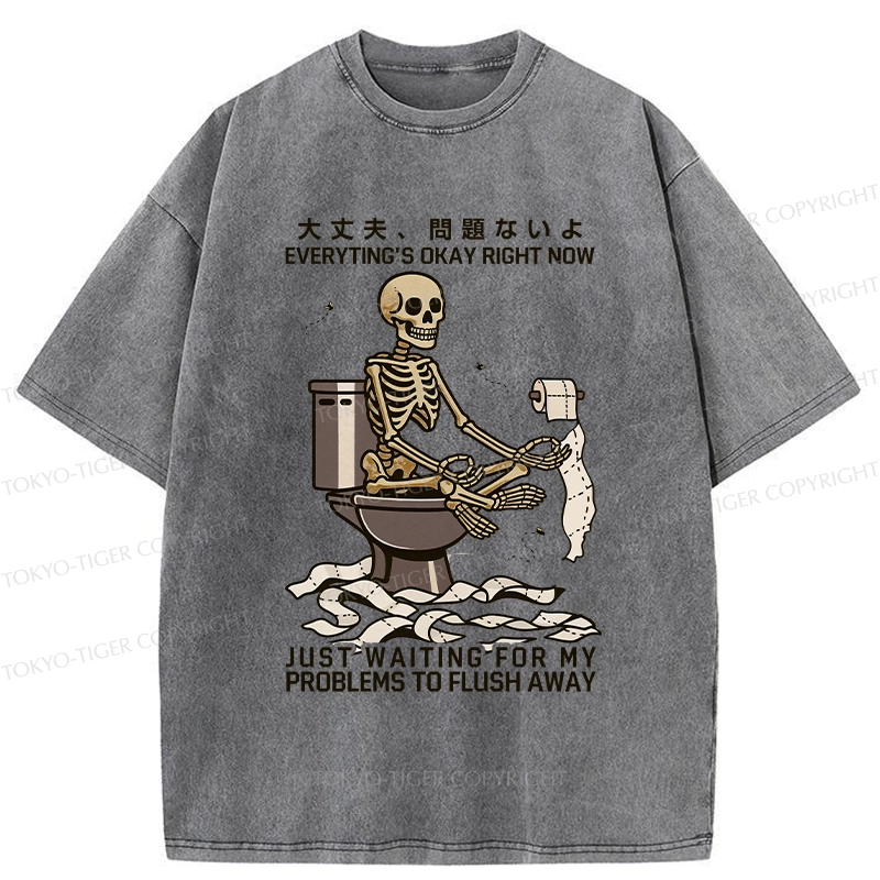 Tokyo-Tiger Funny Flushing Away Skeleton’s Question Washed T-Shirt