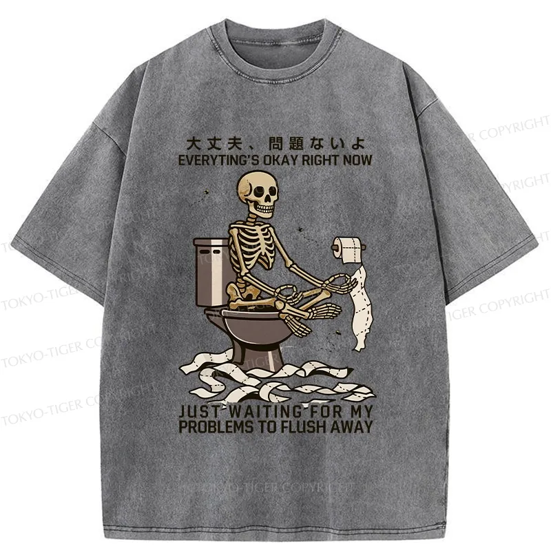Tokyo-Tiger Funny Flushing Away Skeleton’s Question Washed T-Shirt