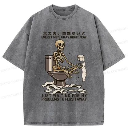 Tokyo-Tiger Funny Flushing Away Skeleton’s Question Washed T-Shirt