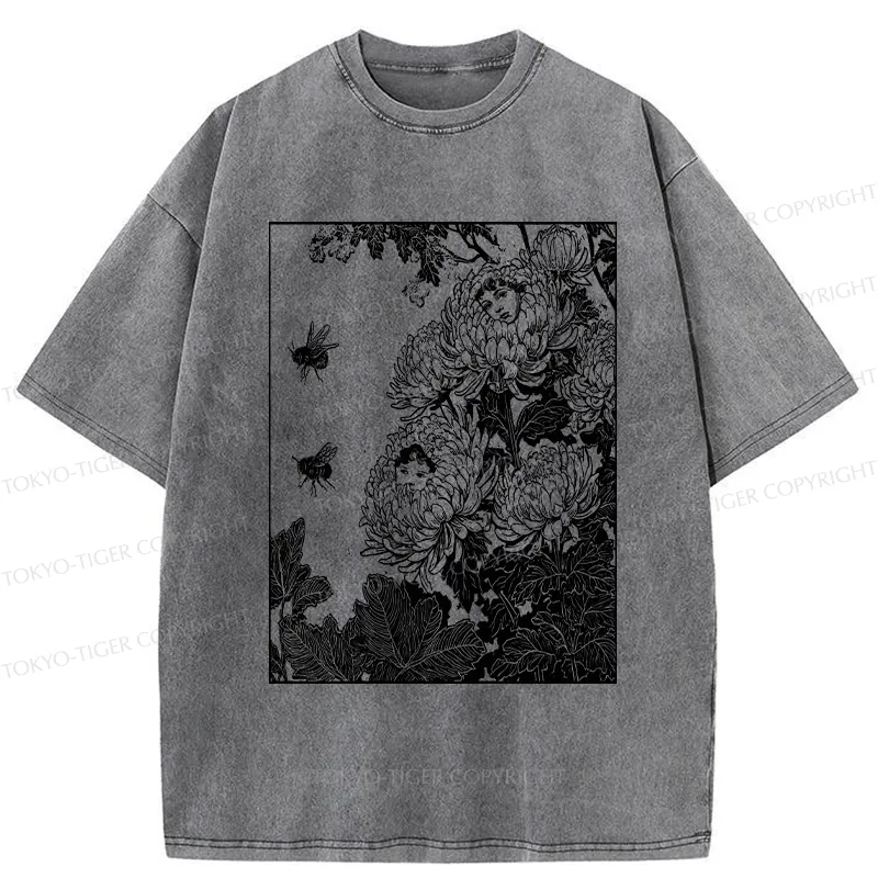 Tokyo-Tiger Chrysanthemums With Hidden Elf Washed T-Shirt
