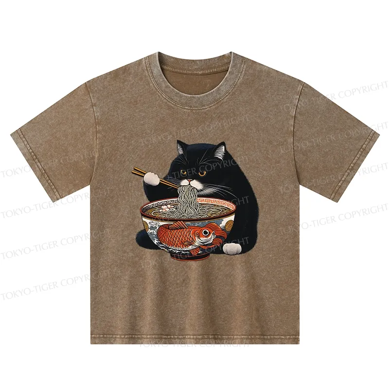 Tokyo-Tiger Fat Cat Eating Ramen Kids Washed T-Shirt