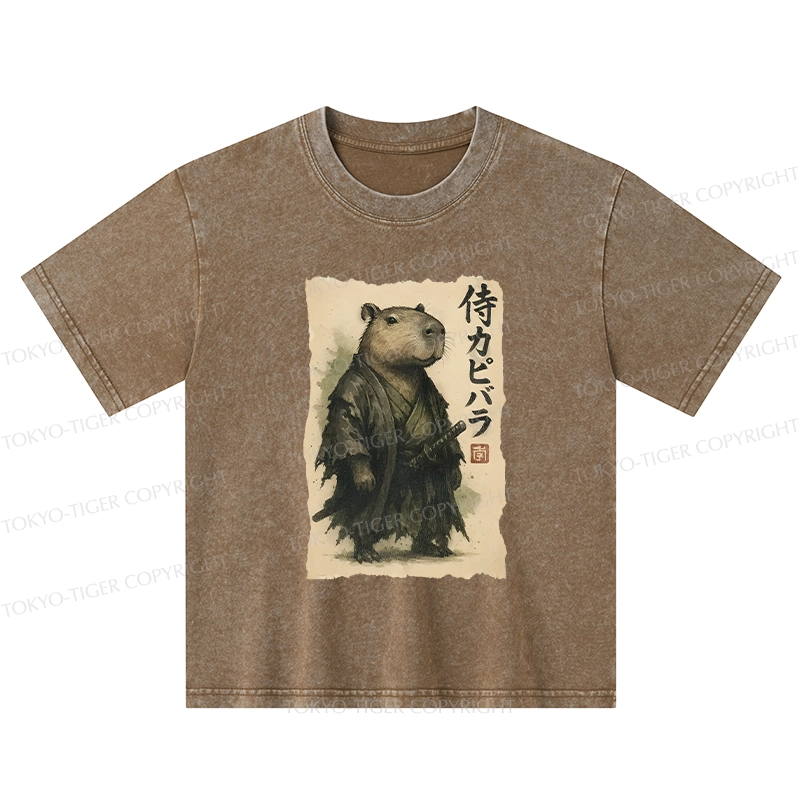 Tokyo-Tiger Capybara Samurai Kids Washed T-Shirt