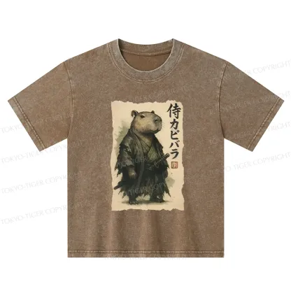 Tokyo-Tiger Capybara Samurai Kids Washed T-Shirt