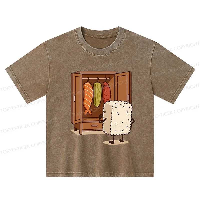 Tokyo-Tiger Sushi Pick Out Clothes Kids Washed T-Shirt