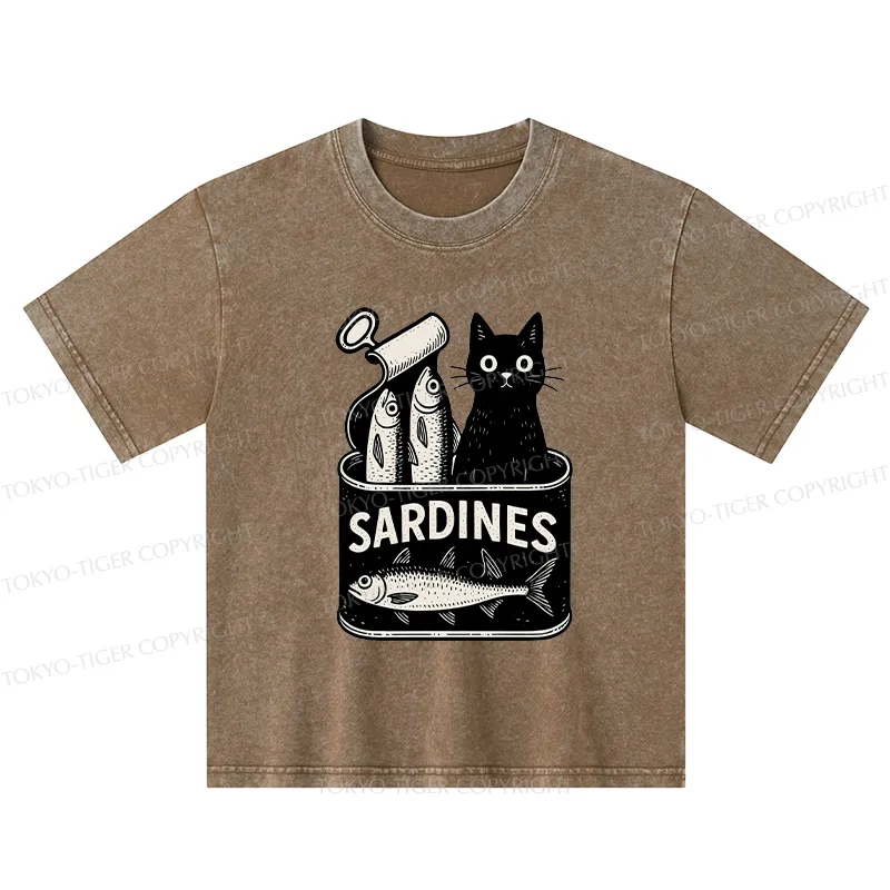 Tokyo-Tiger Cat And Canned Fish Kids Washed T-Shirt