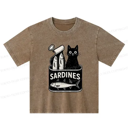 Tokyo-Tiger Cat And Canned Fish Kids Washed T-Shirt