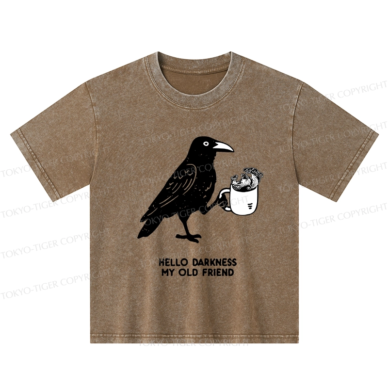 Tokyo-Tiger Crow Drinking Black Coffee Funny Kids Washed T-Shirt