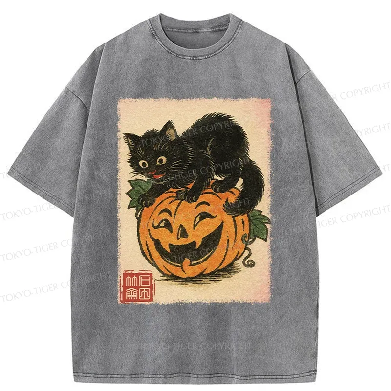 Tokyo-Tiger Black Cat And Pumpkin Washed T-Shirt