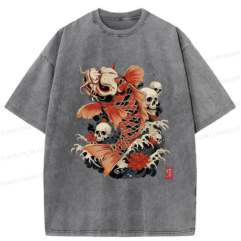 Tokyo-Tiger Japanese Koi And Skull Washed T-Shirt