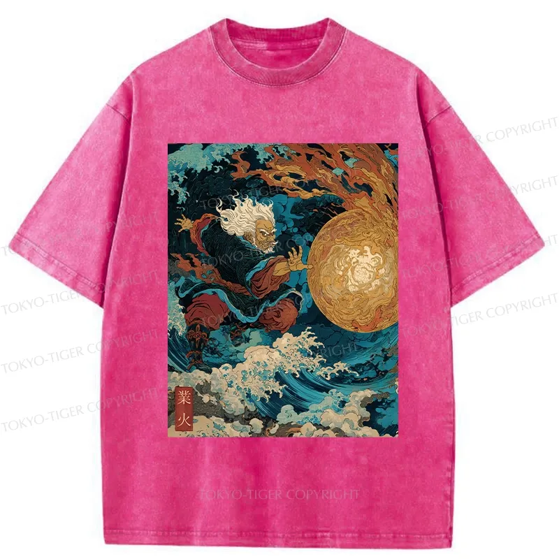 Tokyo-Tiger Samurai Controls Fireball Washed T-Shirt