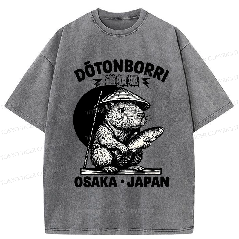 Tokyo-Tiger Capybara Holding A Fish Washed T-Shirt