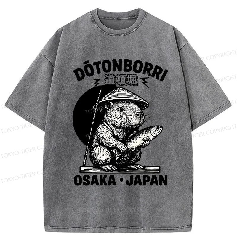 Tokyo-Tiger Capybara Holding A Fish Washed T-Shirt