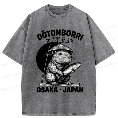 Tokyo-Tiger Capybara Holding A Fish Washed T-Shirt