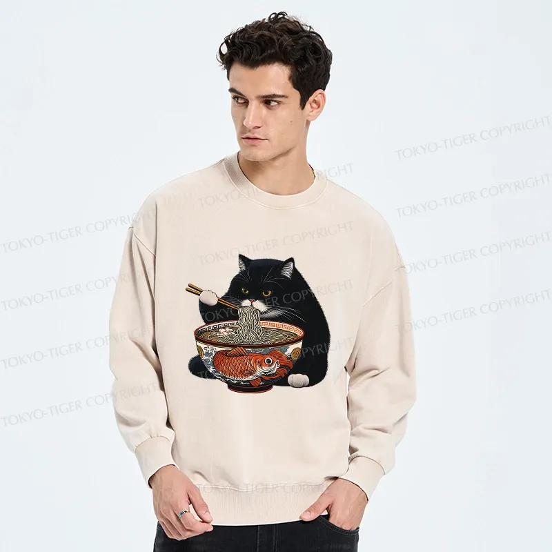Tokyo-Tiger Fat Cat Eating Ramen Washed Sweatshirt