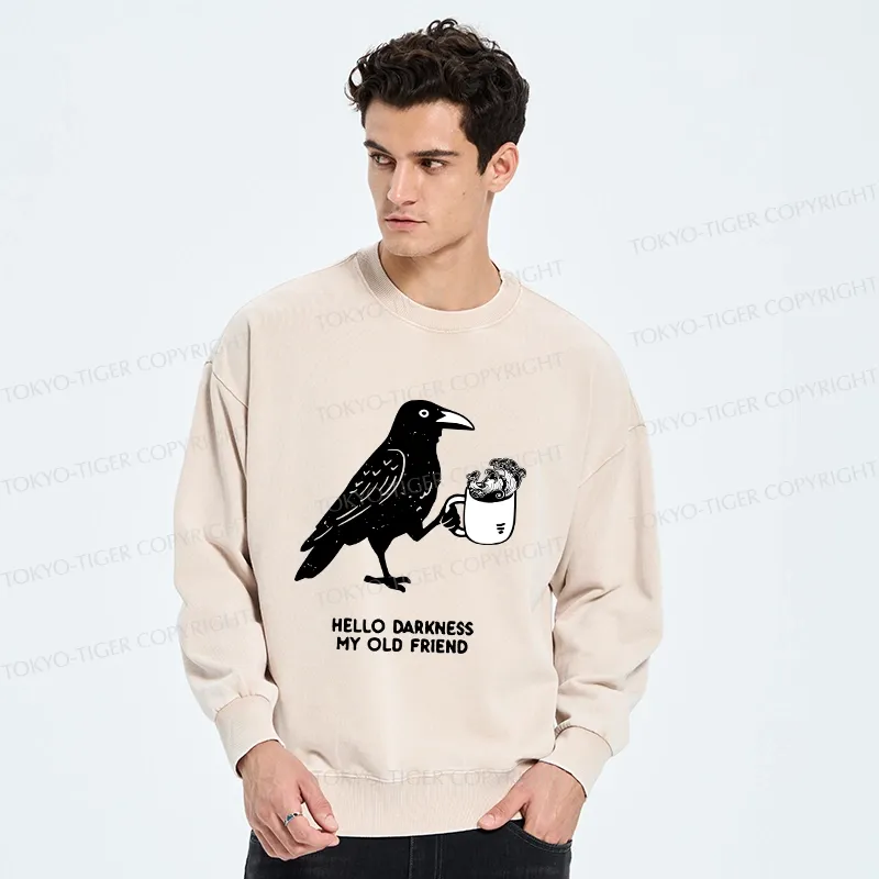 Tokyo-Tiger Crow Drinking Black Coffee Funny Washed Sweatshirt