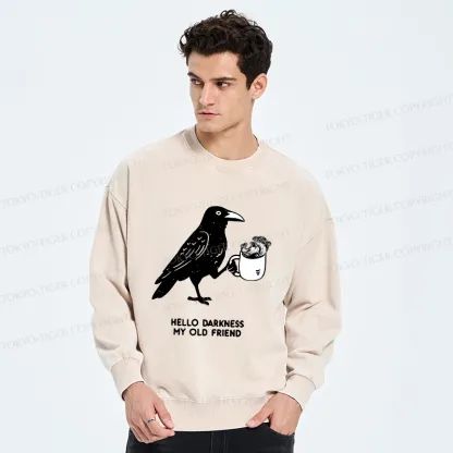 Tokyo-Tiger Crow Drinking Black Coffee Funny Washed Sweatshirt