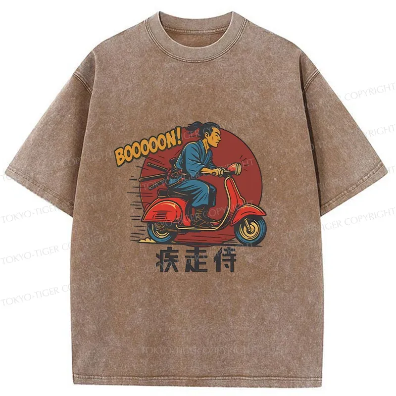 Tokyo-Tiger Samurai On Motorcycle Washed T-Shirt