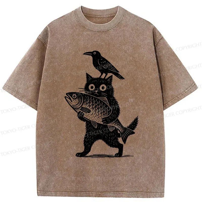 Tokyo-Tiger Black Animals Funny Washed T-Shirt
