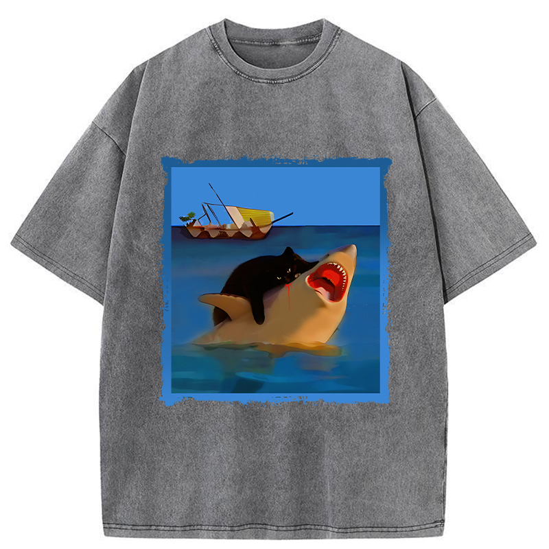 Tokyo-Tiger Black Cat With Shark Washed T-Shirt