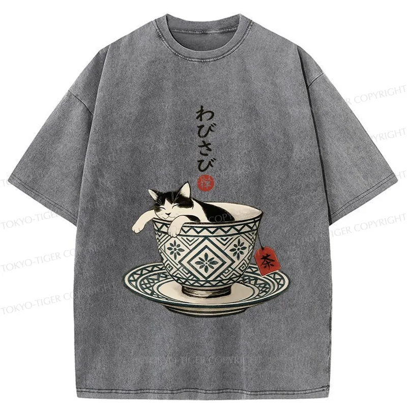 Tokyo-Tiger A Cozy Cat In A Teacup Washed T-Shirt
