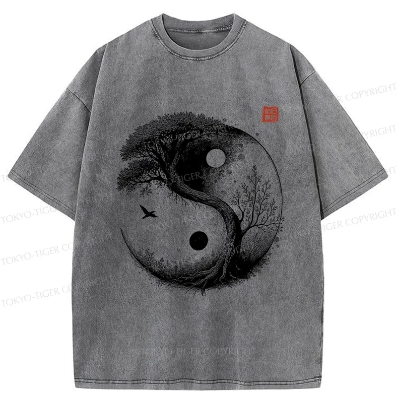 Tokyo-Tiger Yin Yang Bonsai Tree Washed T-Shirt