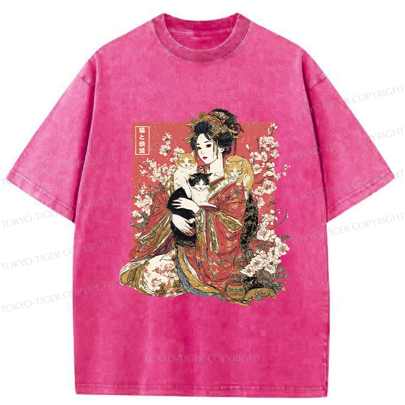 Tokyo-Tiger Geisha And Cats Washed T-Shirt