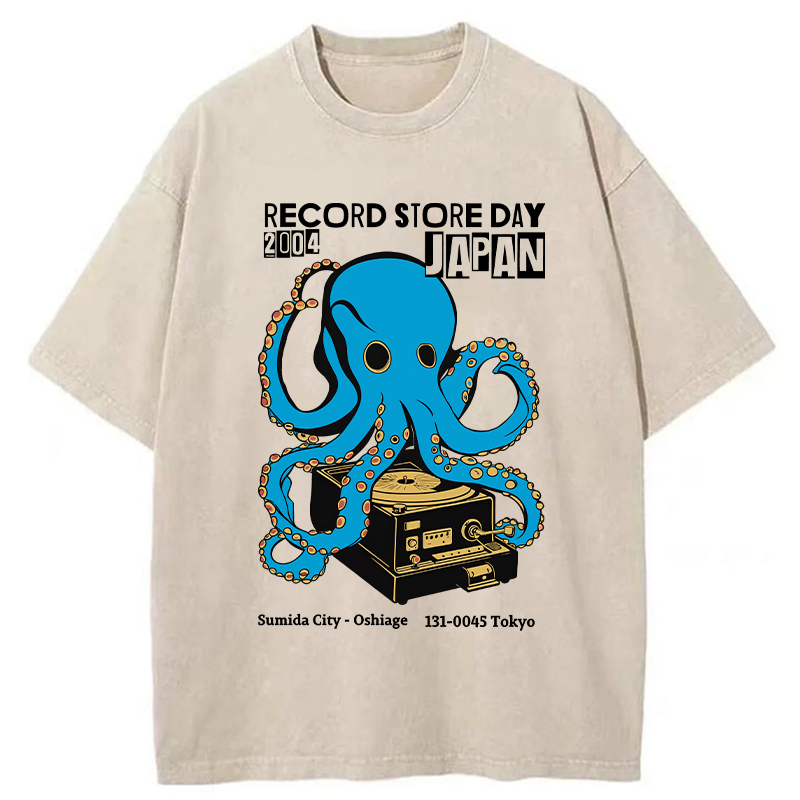 Tokyo-Tiger Japanese Octopus Records Washed T-Shirt