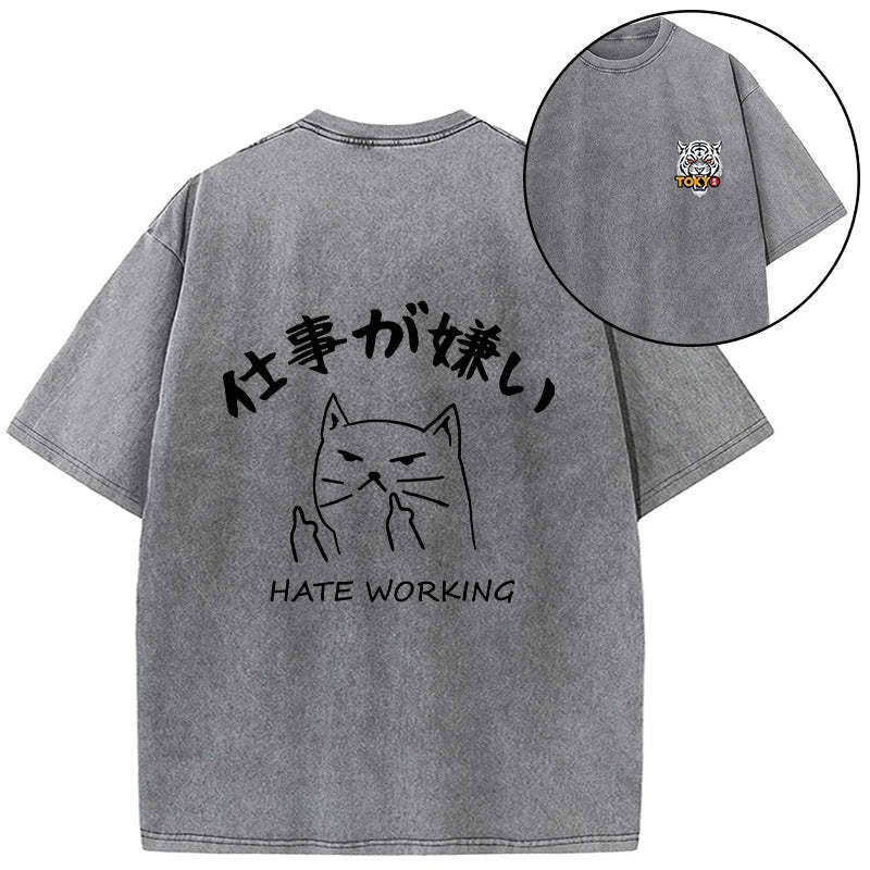 Tokyo-Tiger A Cat That Hates Work Front Back Washed T-Shirt-tokyo-tiger