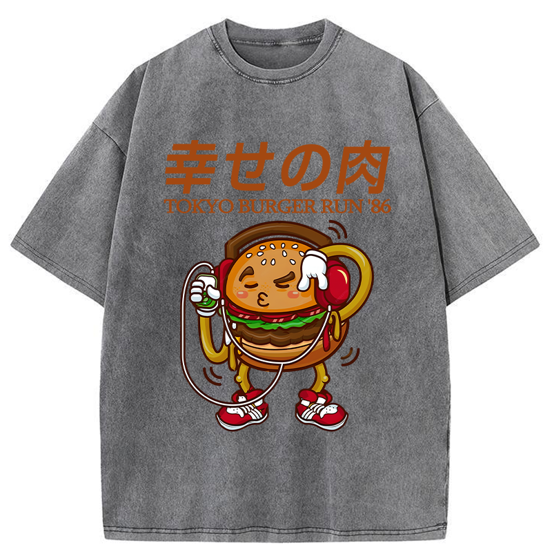 Tokyo-Tiger Funny Burger Listen To Music Washed T-Shirt