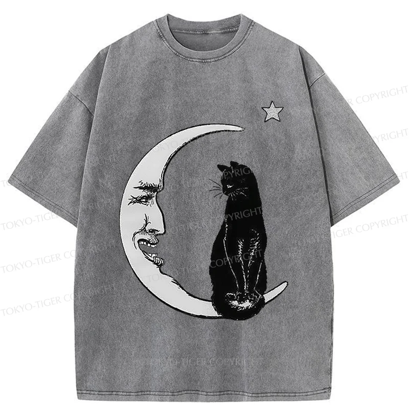 Tokyo-Tiger Moon And Cat Washed T-Shirt