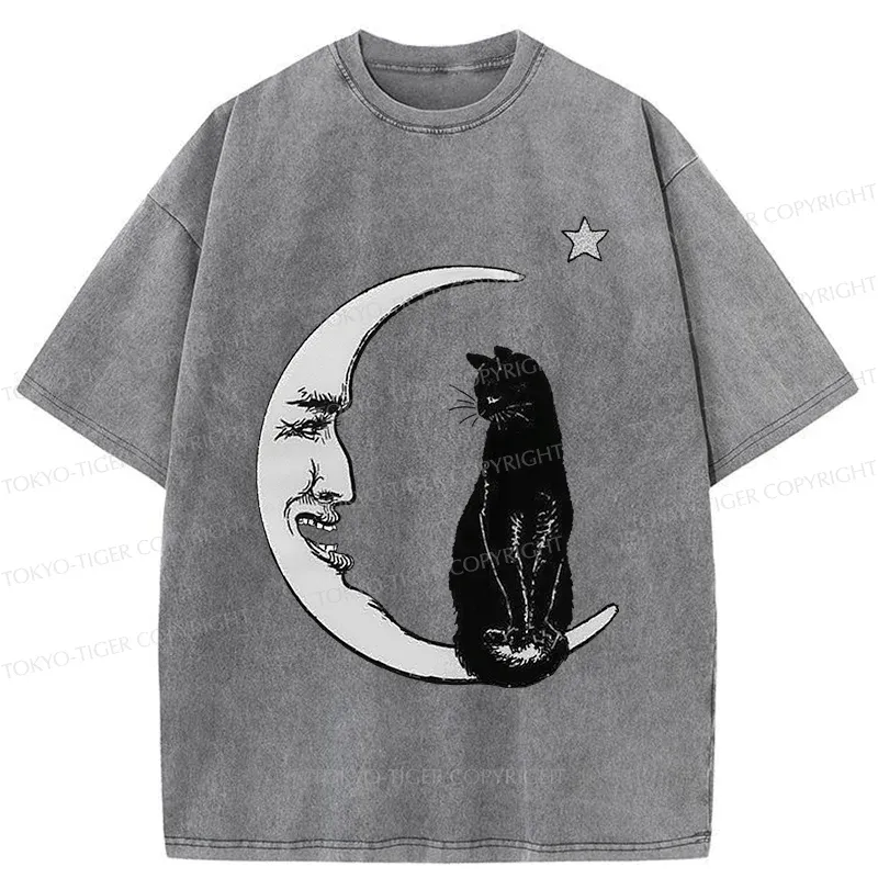 Tokyo-Tiger Moon And Cat Washed T-Shirt