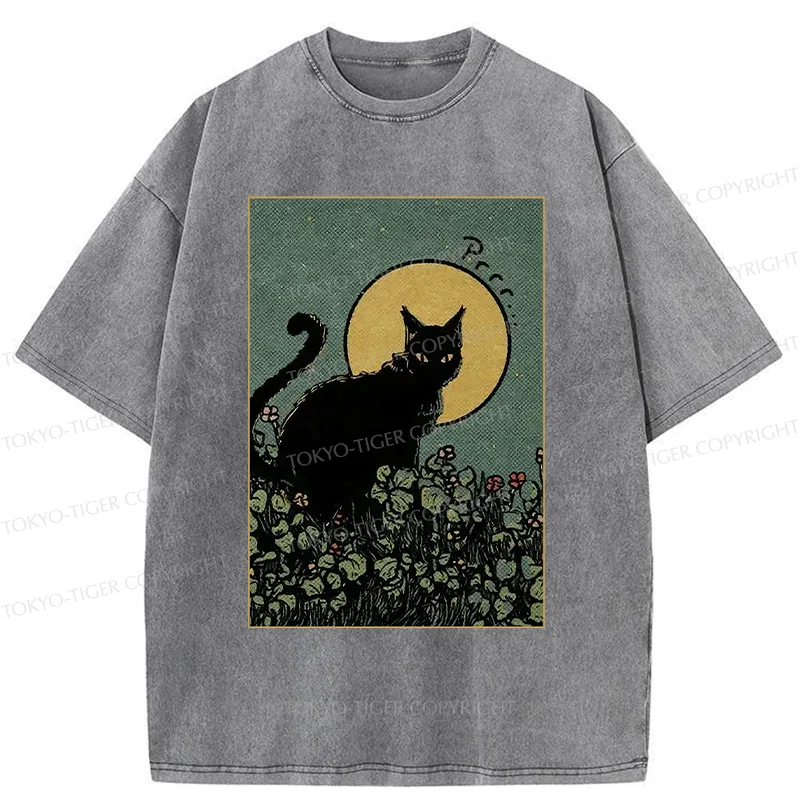 Tokyo-Tiger Black Cat At Night Washed T-Shirt
