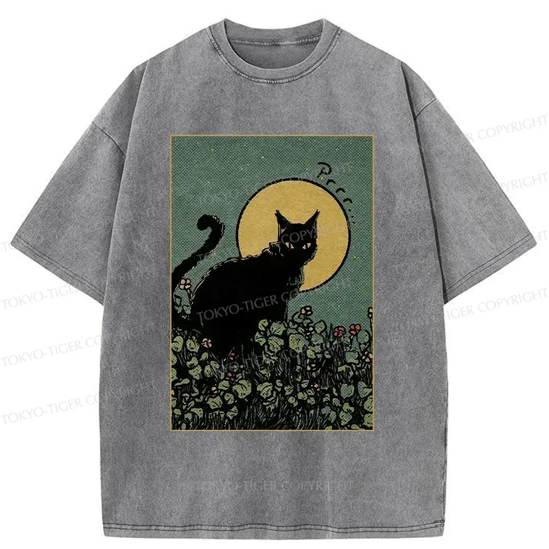 Tokyo-Tiger Black Cat At Night Washed T-Shirt