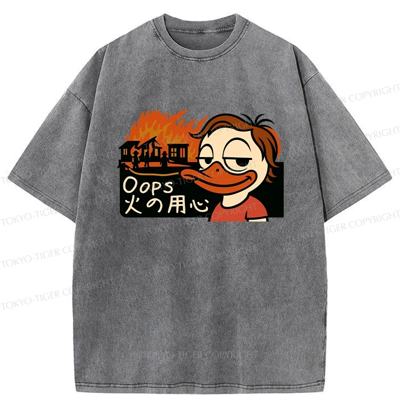 Tokyo-Tiger Oops Fire Safety Funny Washed T-Shirt