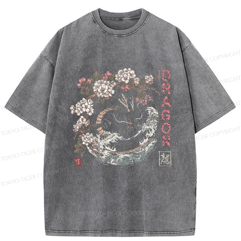 Tokyo-Tiger The Sakura Dragon Meets Wave Washed T-Shirt