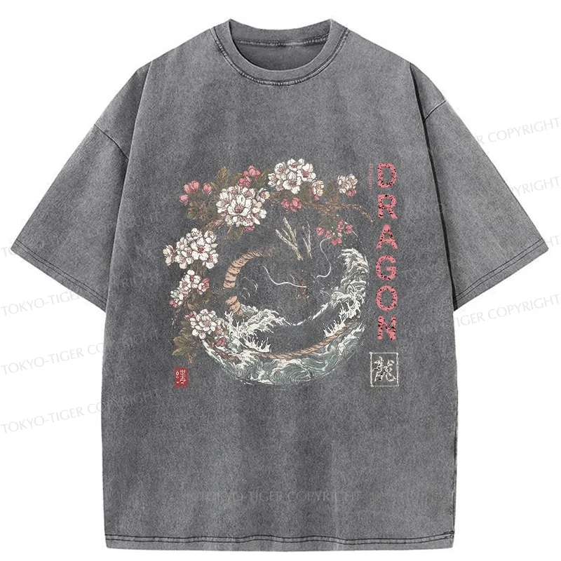 Tokyo-Tiger The Sakura Dragon Meets Wave Washed T-Shirt