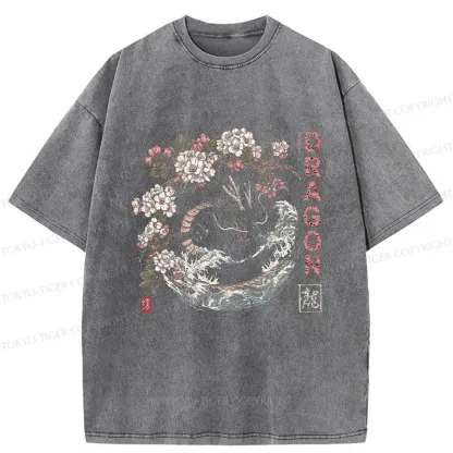 Tokyo-Tiger The Sakura Dragon Meets Wave Washed T-Shirt