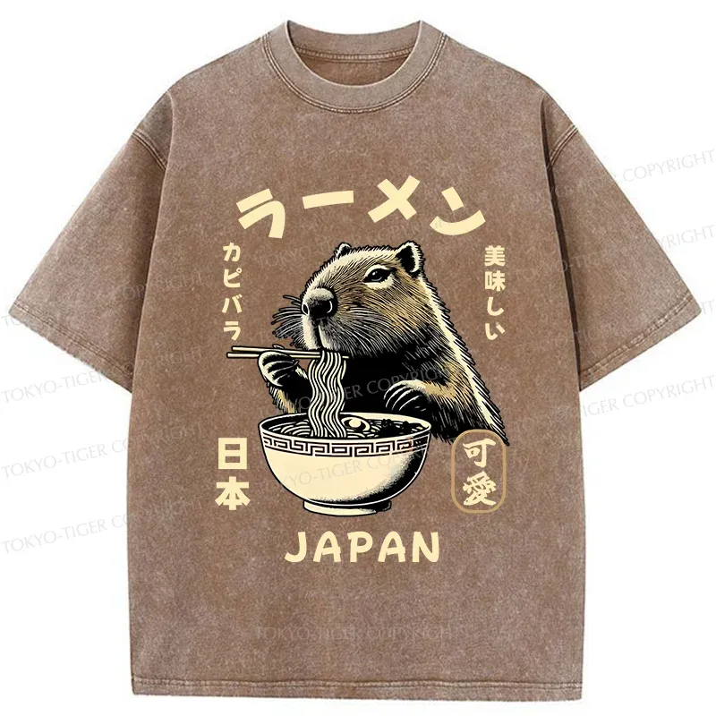 Tokyo-Tiger Retro Capybara Eating Ramen Washed T-Shirt