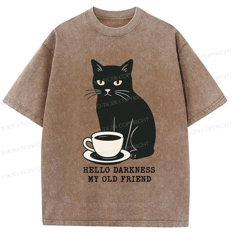 Tokyo-Tiger Black Cat Drinking Coffee Washed T-Shirt