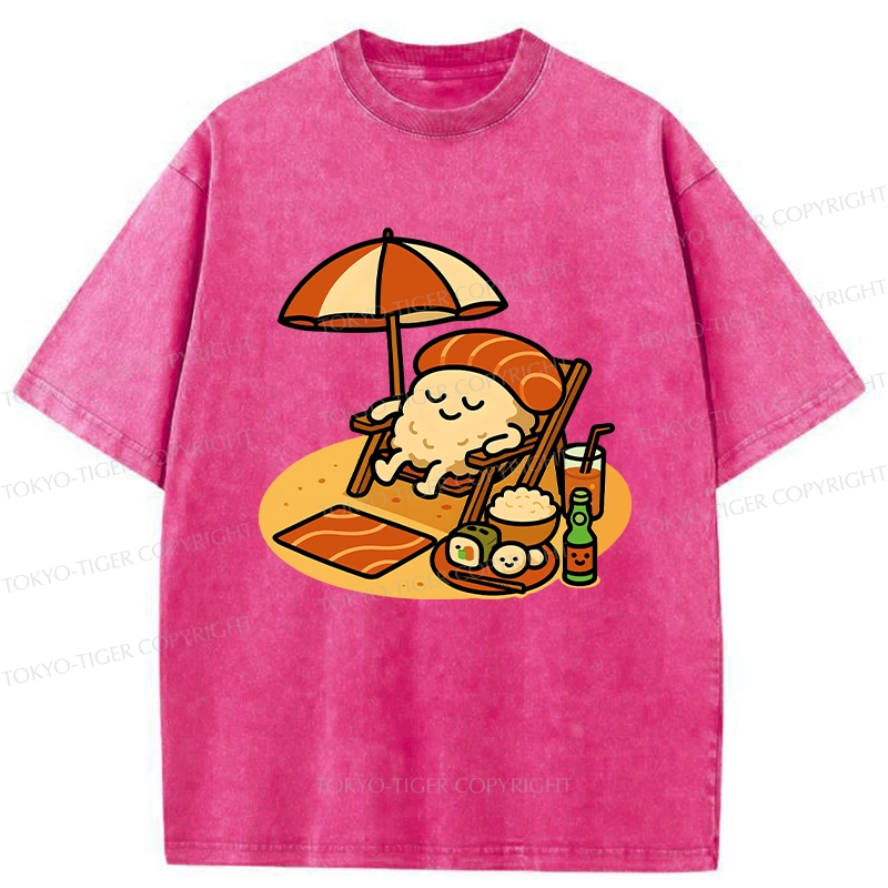 Tokyo-Tiger Funny Sushi Enjoying Sunbathing Washed T-Shirt