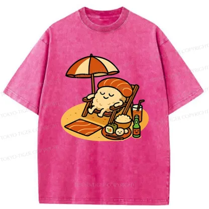 Tokyo-Tiger Funny Sushi Enjoying Sunbathing Washed T-Shirt
