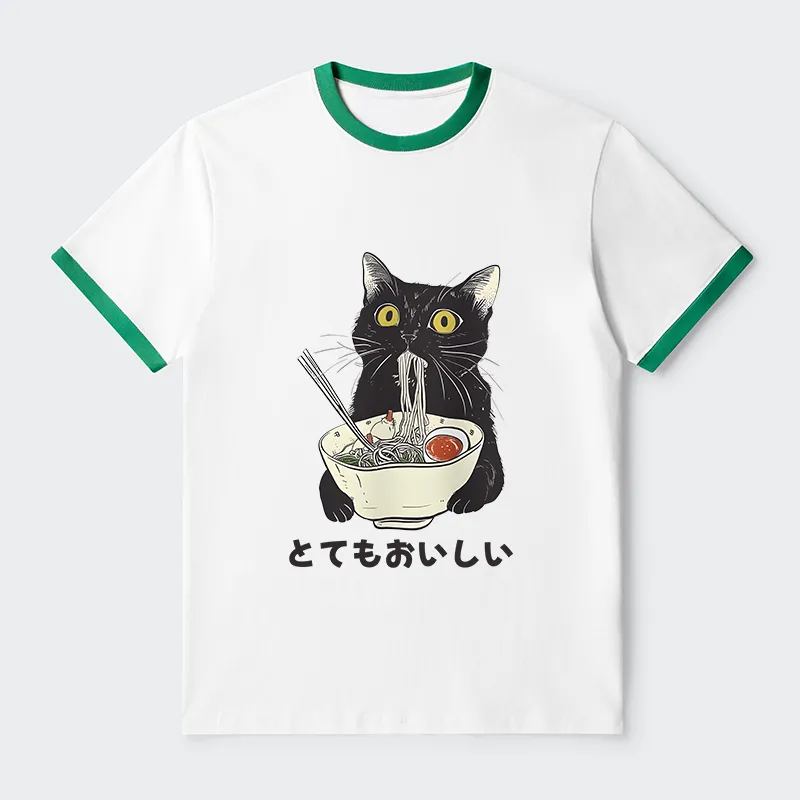 Tokyo-Tiger Cats Eat Ramen Noodles Contrast Trim T-Shirt