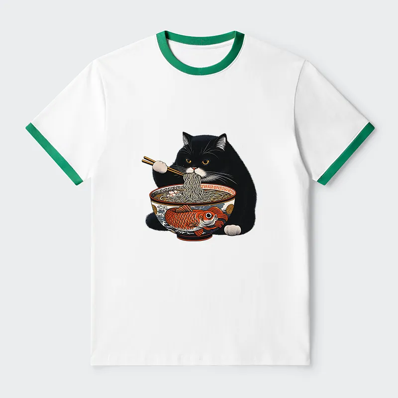 Tokyo-Tiger Fat Cat Eating Ramen Contrast Trim T-Shirt